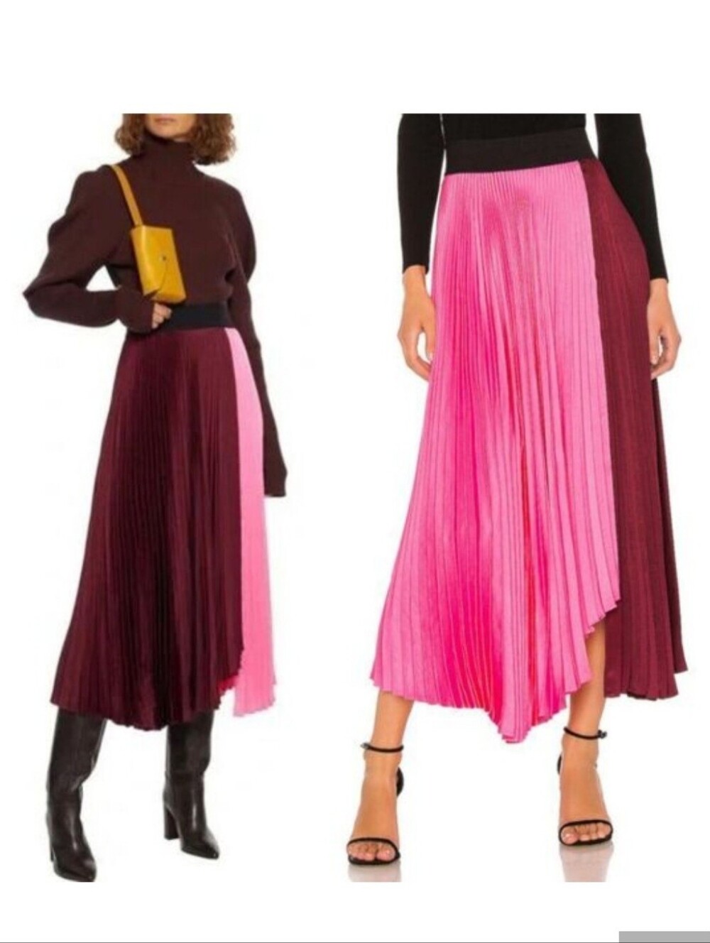 A.L.C. Two-Tone Pink Pleated Asymmetrical Midi Skirt with Black Waistband